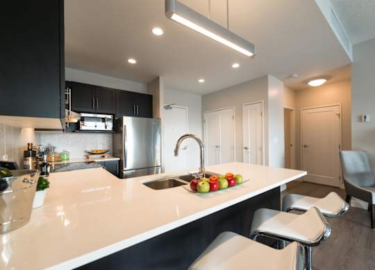 A modern kitchen with a white countertop and stainless steel appliances.