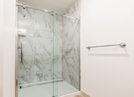 a bathroom with a glass shower door and a towel rack