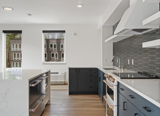a large kitchen with black cabinets and white counter tops and a black and white