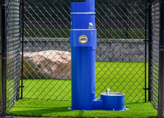 a blue water fountain in front of a fence