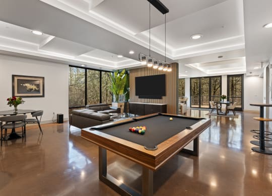 a living room with a pool table and a television