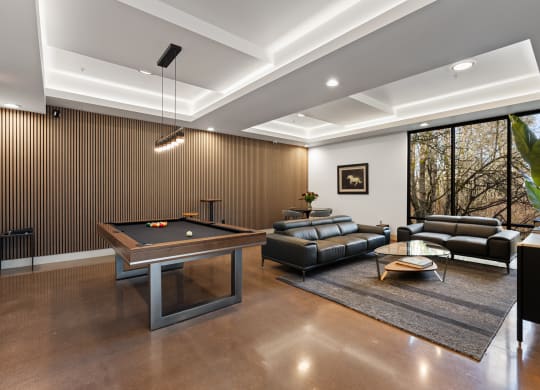 a game room with a pool table and couches