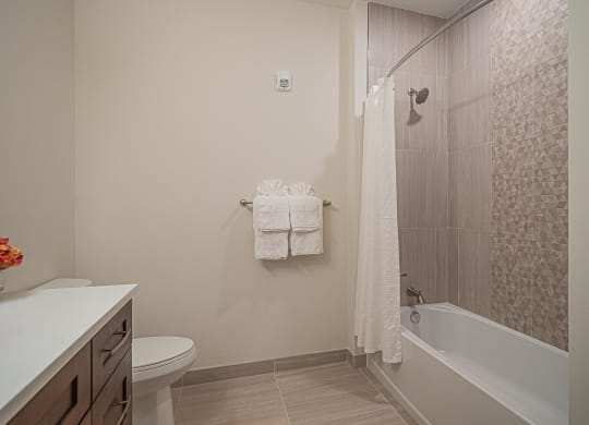 Large showers with beautiful tile work are in every unit at Heritage Court, Ewing