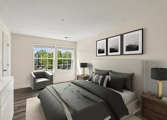 A bedroom with a large bed and a chair by the window.