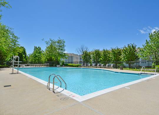 A large swimming pool surrounded by trees and a clear blue sky.