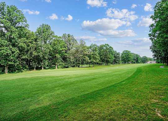 A large, well-maintained grassy field with trees on the sides.