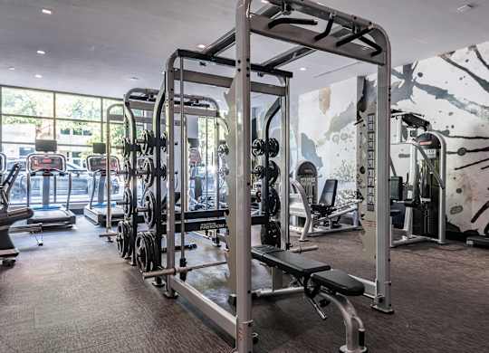 A gym with a variety of equipment including a squat rack.
