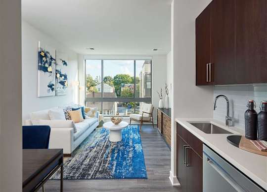 A modern kitchen with a blue rug on the floor.
