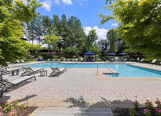a swimming pool with lounge chairs and trees surrounding at Tradition at Stonewater, Cary
