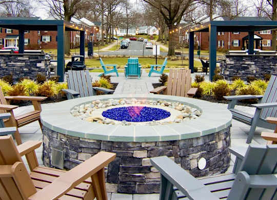 outdoor fire pit and kitchen area at Alister Morristown, Morristown, NJ, 07960