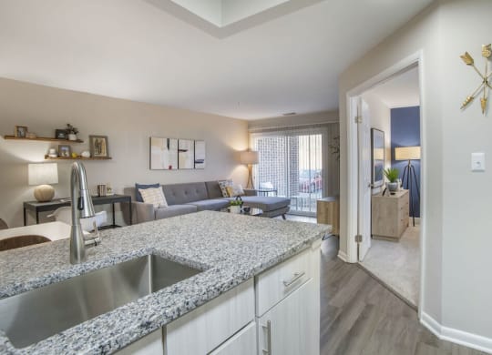 Renovated kitchen and living room at Elme Manassas, Manassas