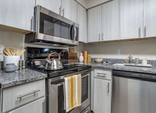 Renovated Kitchen with stainless steel appliances and granite countertops at Elme Manassas, Virginia