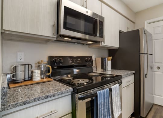 Renovated Kitchen with stainless steel appliances and granite countertops at Elme Germantown, Germantown Maryland