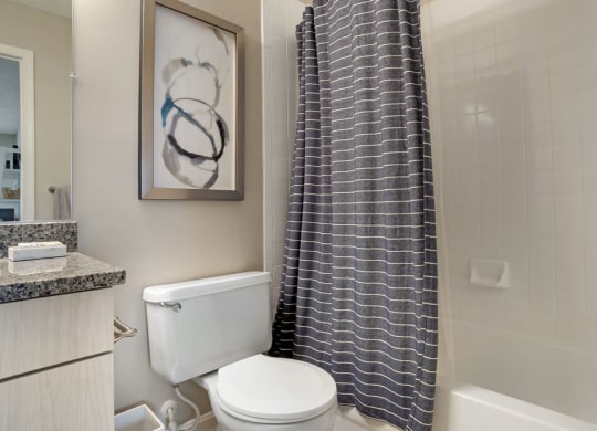 Renovated bathroom with updated vanity and shower at Elme Germantown, Maryland