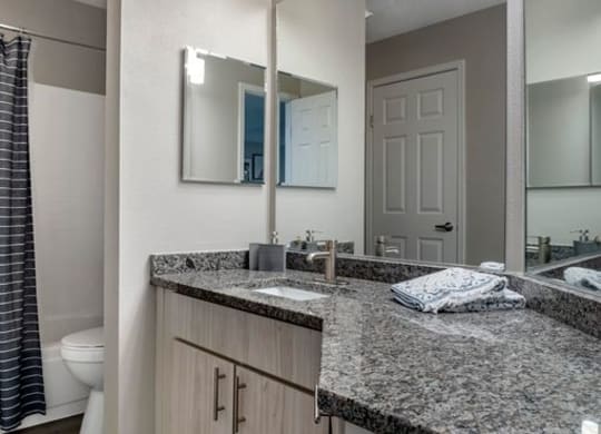 Renovated bathroom with updated vanity at Elme Alexandria, Virginia
