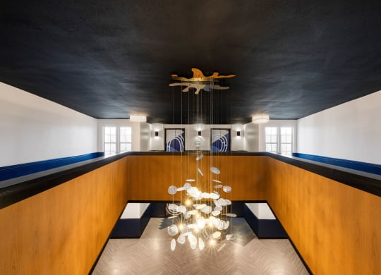 Glass chandelier hanging from a navy blue ceiling at Elme Alexandria, Virginia, 22304