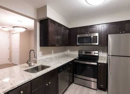 Kitchen with stainless steel appliances and granite countertops at Elme Manassas, Virginia