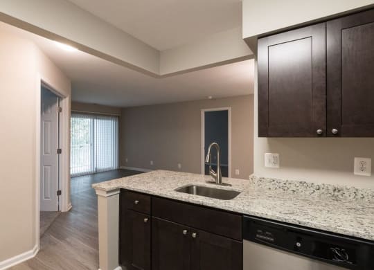 Kitchen with stainless steel appliances and granite countertops at Elme Manassas, Virginia