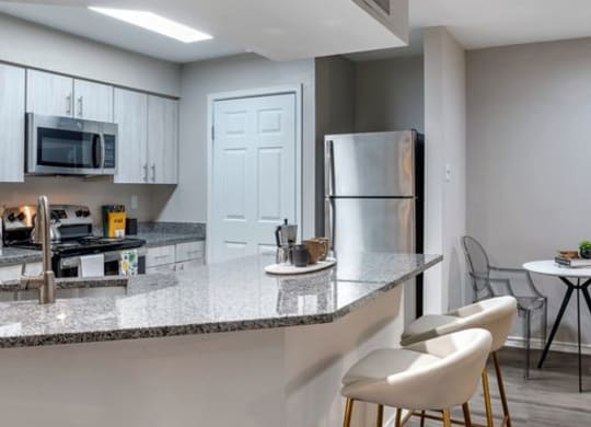 Renovated kitchen with stainless steel appliances and granite countertops at Elme Alexandria, Virginia