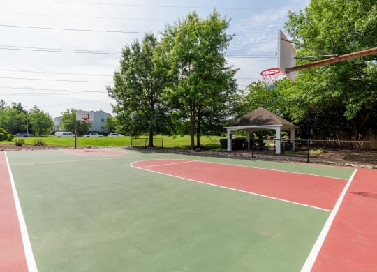 a basketball court in a park with a gazebo and trees