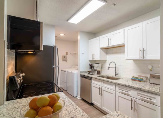 Renovated Kitchen with stainless steel appliances and granite countertops at Elme Eagles Landing in Stockbridge, GA