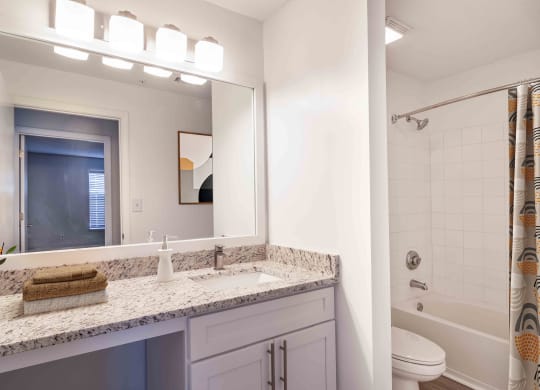 Renovated bathroom with vanity and shower at Elme Eagles Landing in Stockbridge, GA