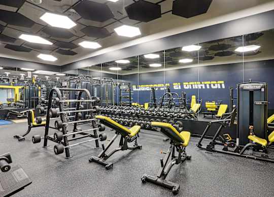 A gym with a variety of equipment including weights and benches at Elme Alexandria, Alexandria, 22304