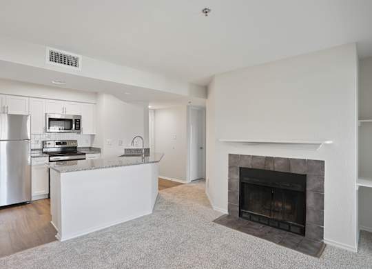 A white kitchen with a fireplace and a carpet.