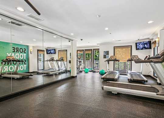 A gym with treadmills and exercise equipment.