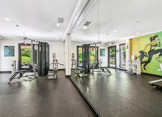 A gym with a variety of equipment including treadmills, weights, and exercise machines.