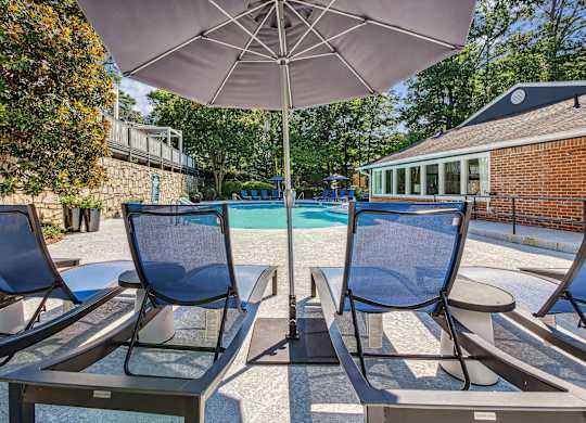 A patio with chairs and an umbrella overlooking a pool.