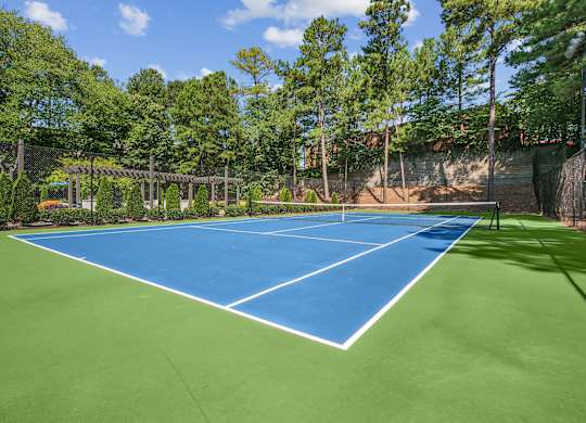 A tennis court surrounded by trees and a fence.