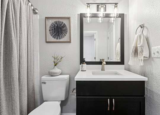 A bathroom with a white toilet, a sink, a mirror, and a plant at Elme Druid Hills, Atlanta, Georgia