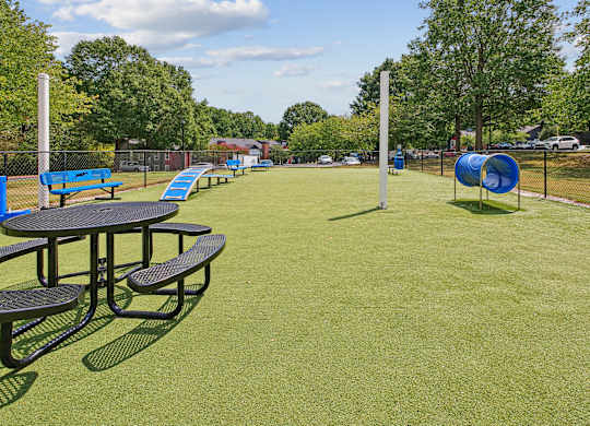 A park with a green lawn and a blue slide.