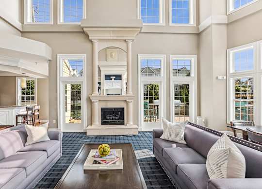 A living room with a grey couch and a fireplace at Elme Dulles, Herndon, VA
