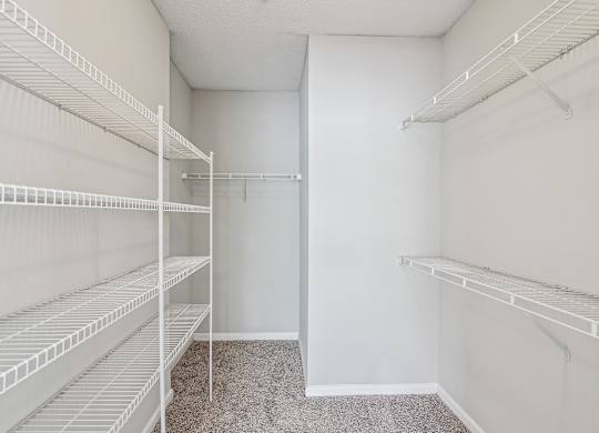 Empty white shelves in a room.