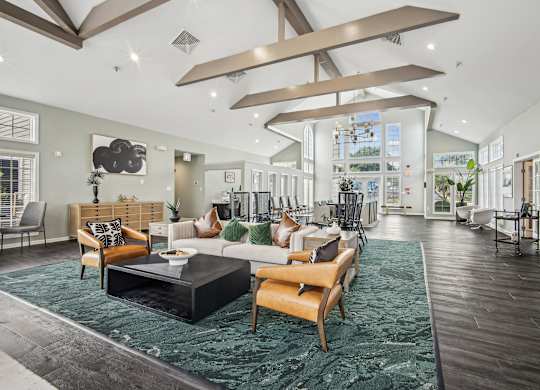 A modern living room with a black coffee table and a green rug.