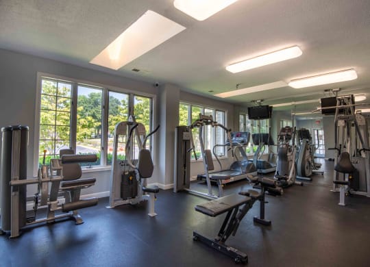 a gym with weights and cardio equipment and windows