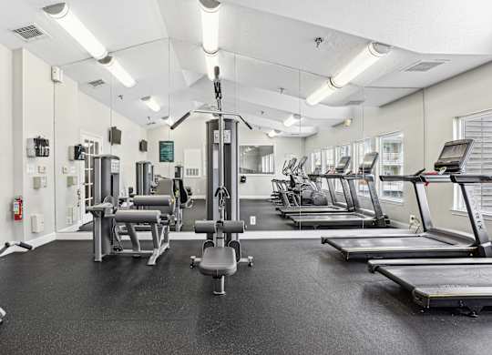 A gym with treadmills, weights, and exercise equipment.