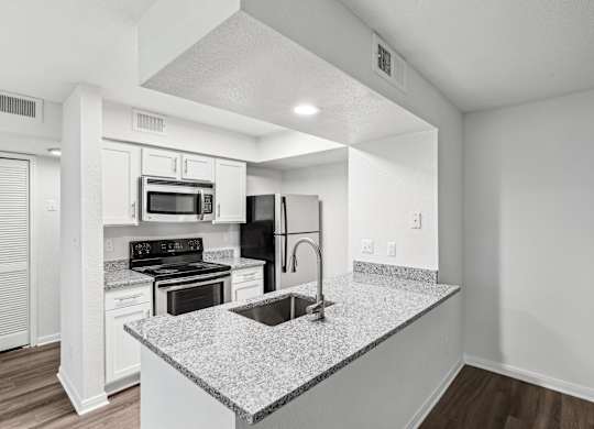 A kitchen with a granite countertop and stainless steel appliances.