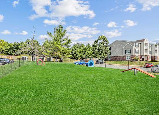 A grassy field with a playground and apartment building in the background.