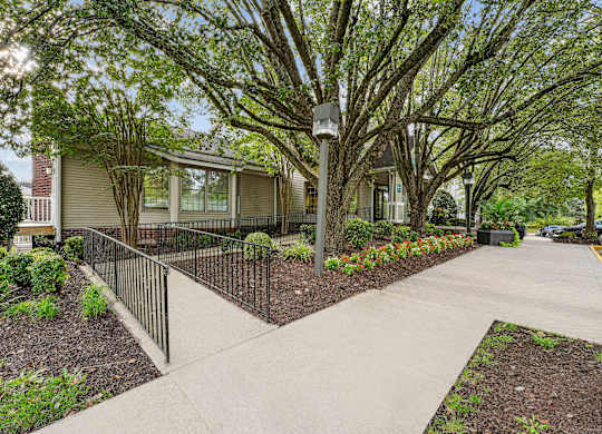 A tree-lined walkway leads to a building.