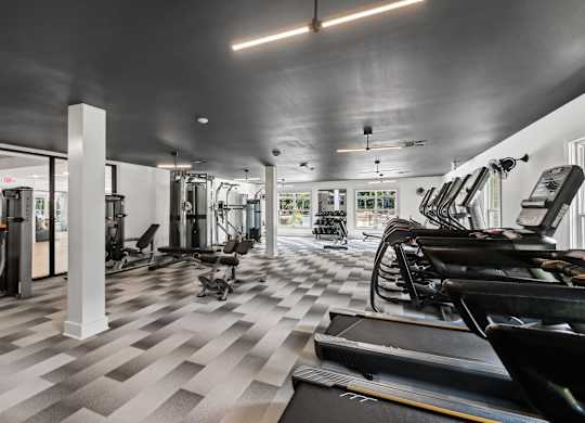 A gym with treadmills at Elme Sandy Springs Apartments, Atlanta, GA, 30350