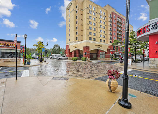 Street view with buildings at Elme Watkins Mill, Gaithersburg