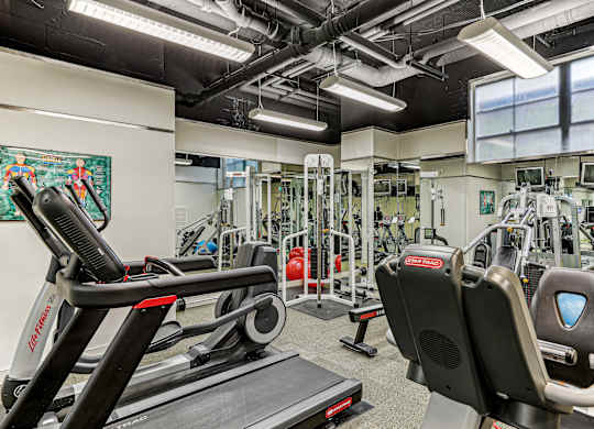 A gym with treadmills, weights, and exercise machines.