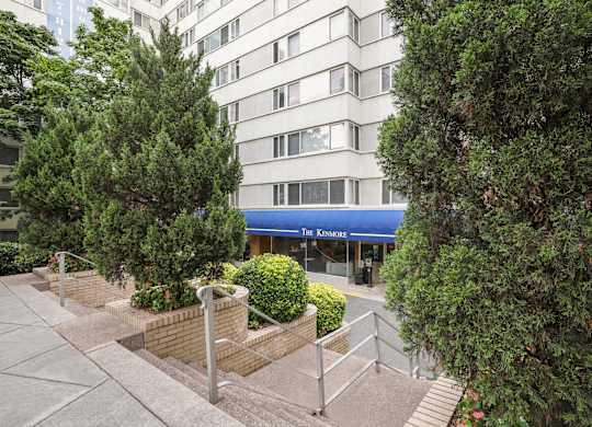A view of a building with a blue awning and a tree in front of it.