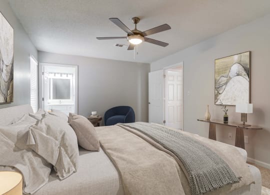 Master bedroom in neutral colors at Elme Marietta Apartments, Marietta, GA, 30067