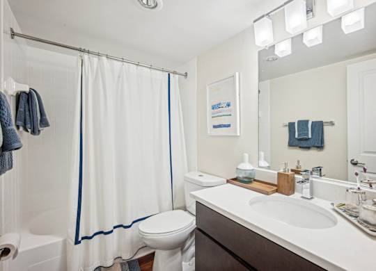 A white bathroom with a toilet, sink, and shower at Riverside Apartments, Alexandria, Virginia