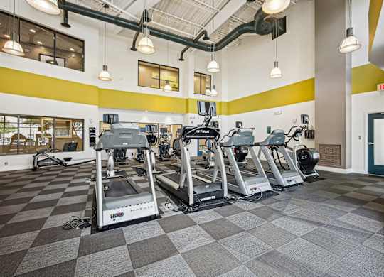 A gym with treadmills and elliptical machines at Riverside Apartments, Alexandria, Virginia
