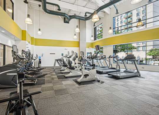 A gym with treadmills, exercise bikes, and other equipment at Riverside Apartments, Alexandria, Virginia